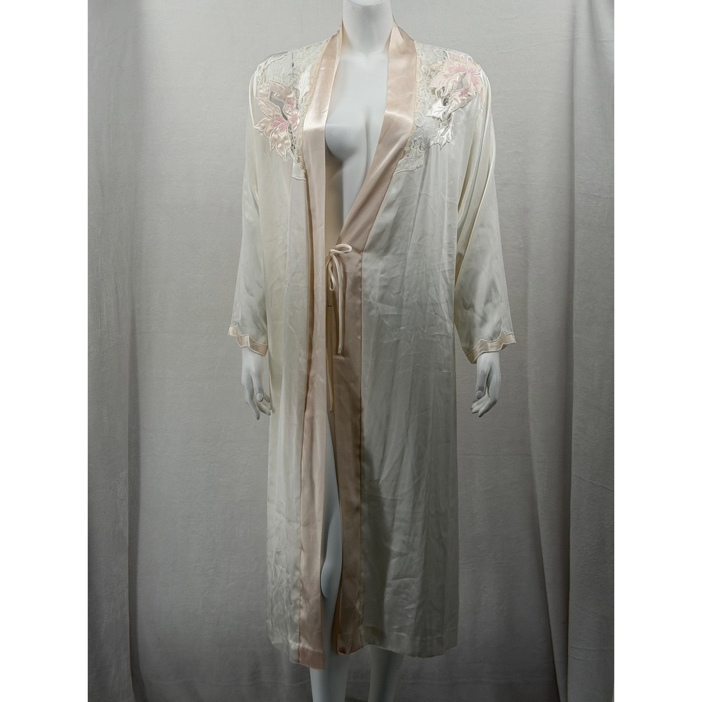 Vintage Natori Robe Womens Medium Ivory Satin Lace Floral Bridal Romantic Dainty